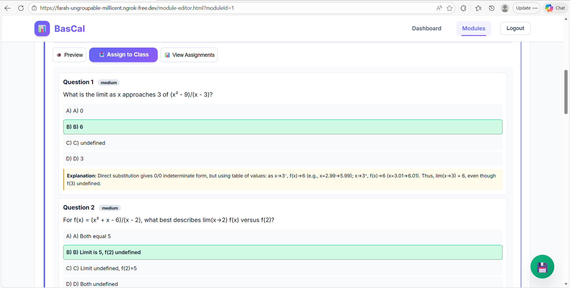 BasCal teacher quiz preview showing calculus questions, correct answers, and explanations