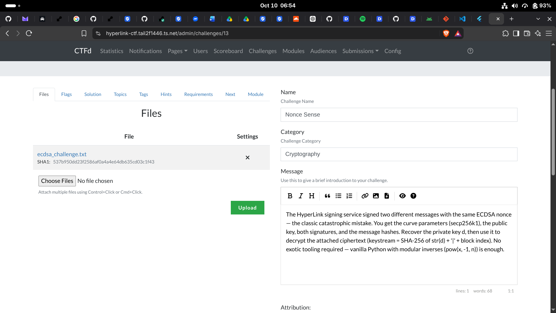 HyperLink CTFd editor for Nonce Sense showing a cryptography challenge description and its attachment