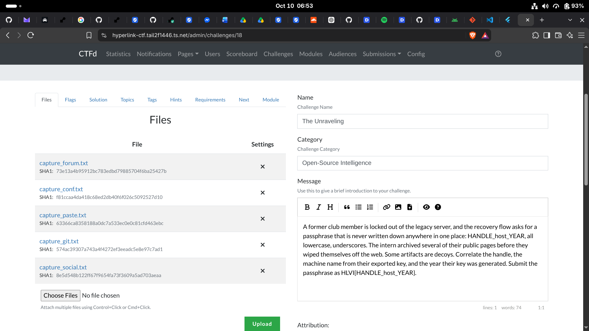 HyperLink CTFd editor for The Unraveling showing OSINT player attachments and the challenge description