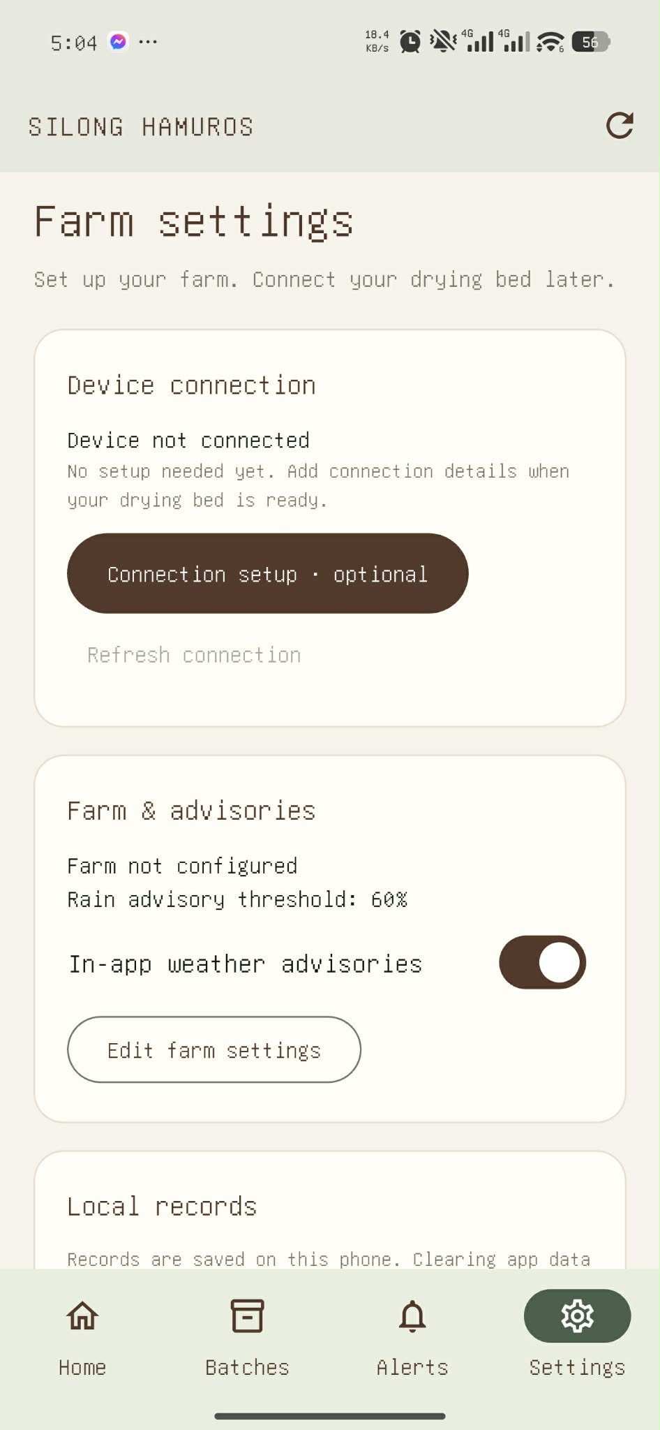 Silong Android farm settings with optional device setup, disconnected status, a rain advisory threshold, and an in-app weather advisory toggle