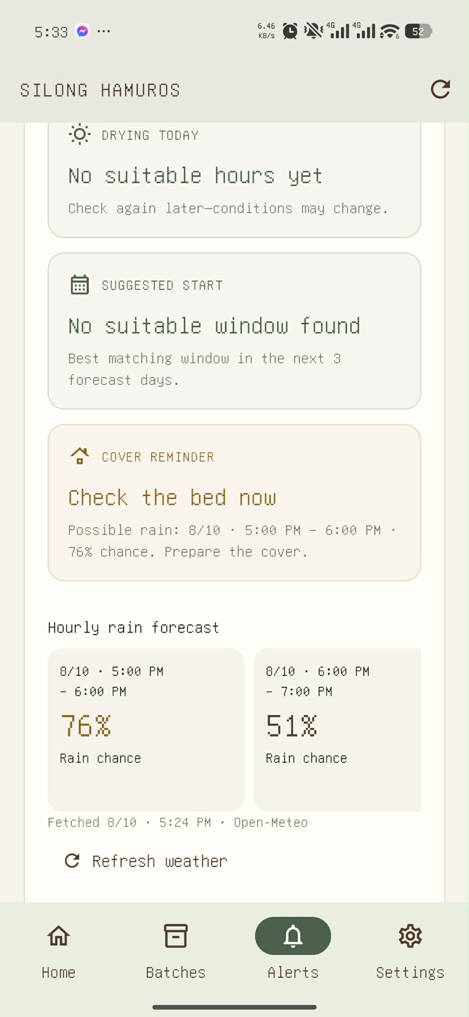 Silong Android in-app cover reminder and hourly rain forecasts with an Open-Meteo fetch timestamp